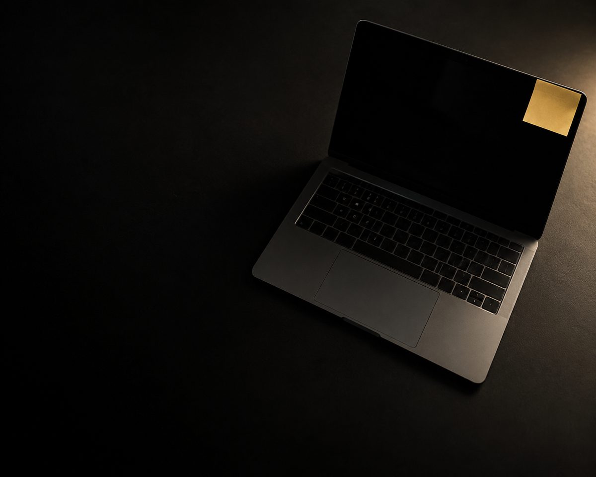 Laptop on a dark desk with a yellow sticky note
